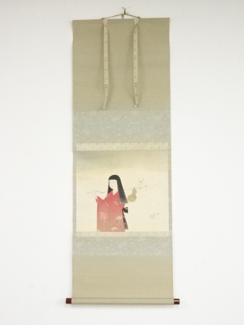 JAPANESE HANGING SCROLL / HAND PAINTED / GIRL PICKING SAKURA